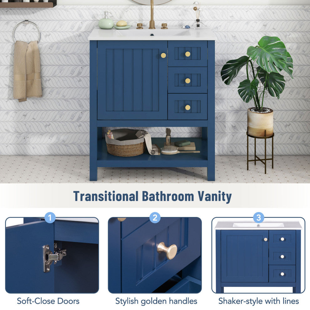 30 Inch Transitional Style Bathroom Vanity Cabinet Combo with Ceramic Sink, Blue