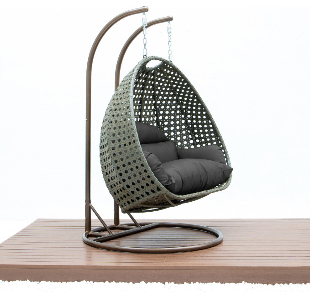 2 Person Beige Wicker Double Hanging Egg Swing Chair, Dark Gray