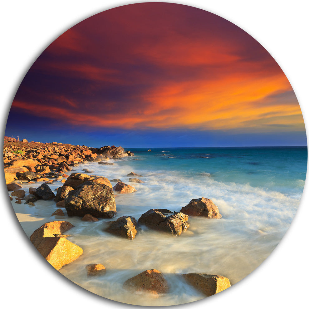 Beach With Stones On Foreground, Seascape Disc Metal Wall Art, 11"
