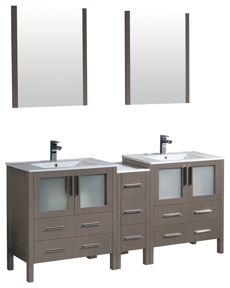 Torino 72" Gray Oak Modern Double Sink Bathroom Vanity, Faucet FFT3071BN