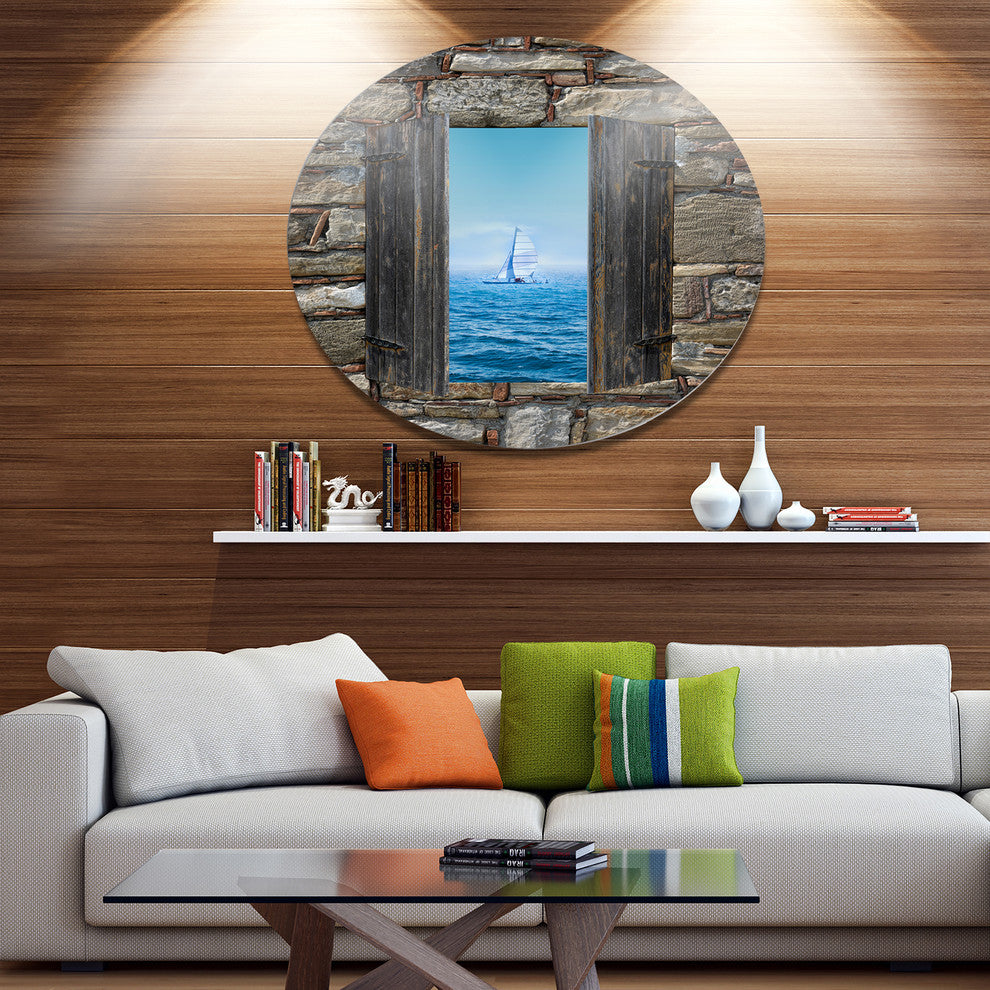 Window Open To Sailing Boat, Seashore Round Wall Art, 36"