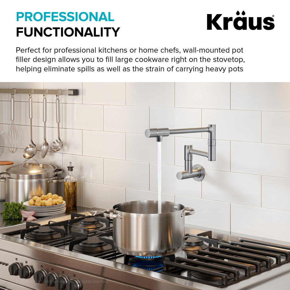 KRAUS Bolden 2 Handle Wall Mount Pot Filler Faucet, Retractable Arm, SFS