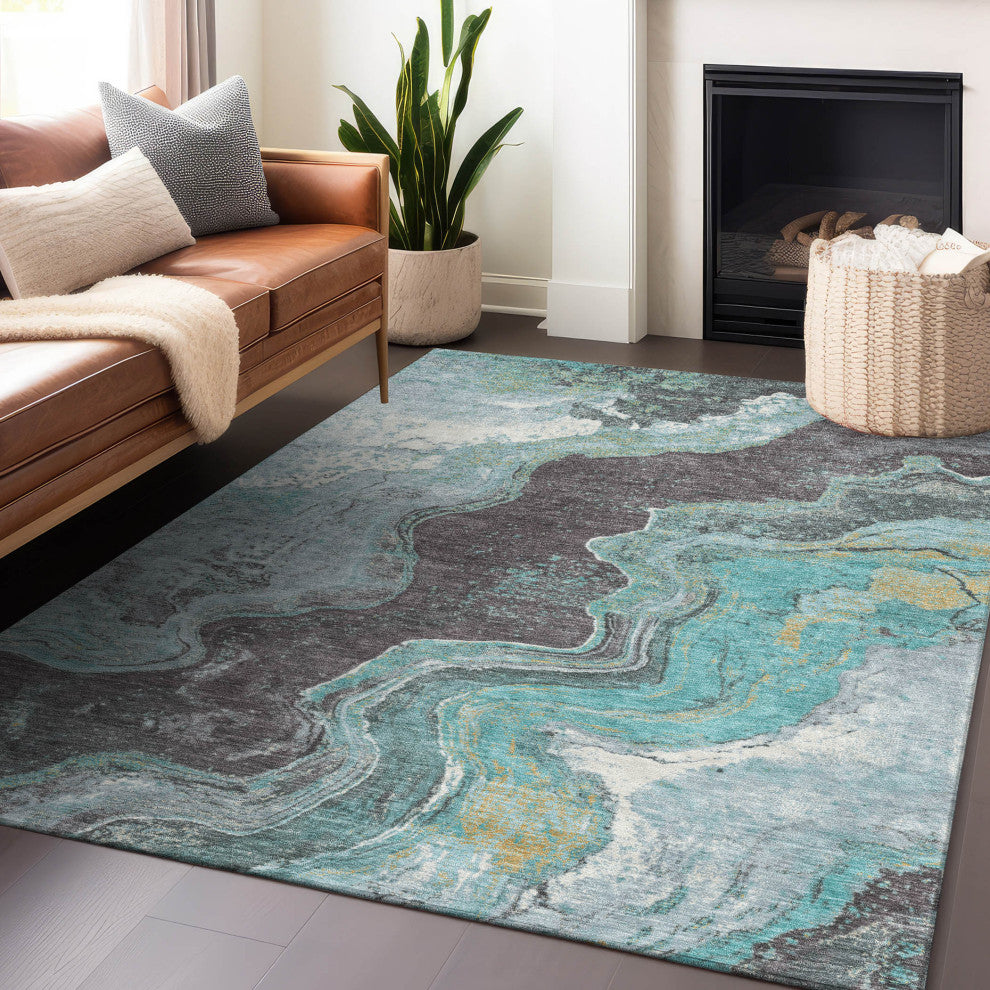 Machine Washable Indoor/Outdoor Chantille ACN1907 Teal 9' x 12' Rug