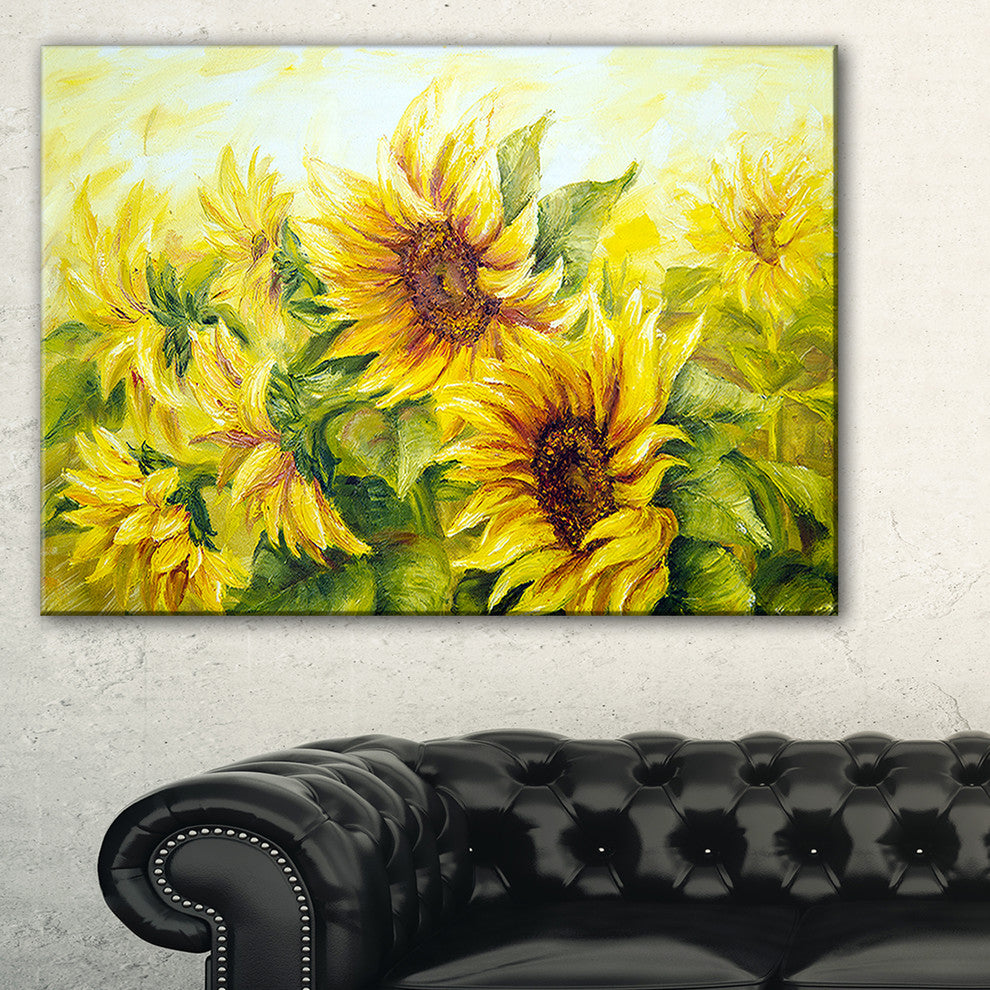 "Bright Yellow Sunny Sunflowers Floral" Painting Canvas Print, 32"x16"