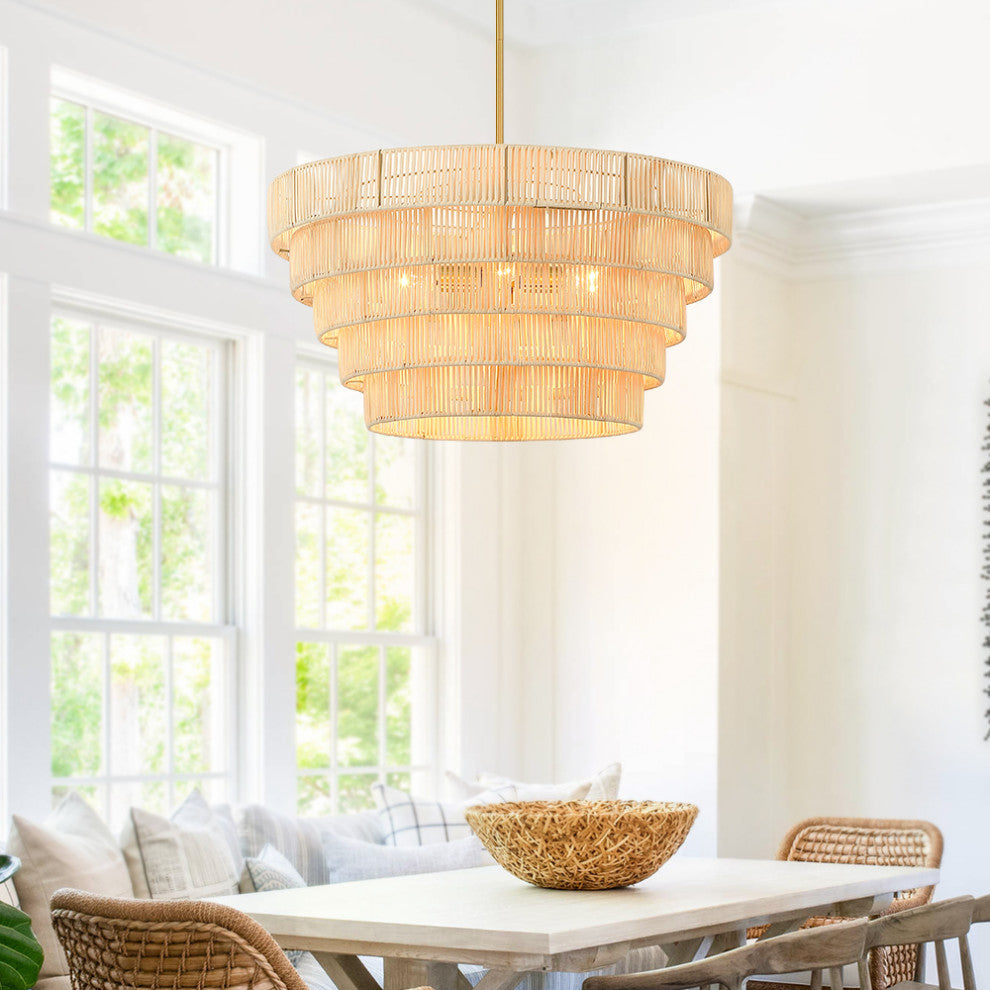 26" W 5-Light Brass Modern Bohemian Chandelier With Tiered Rattan Shade
