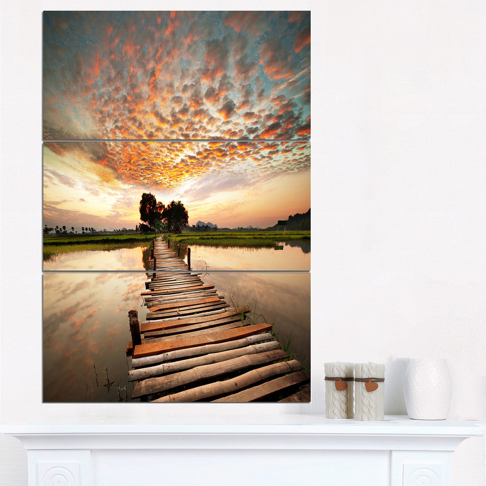 "Makeshift Wooden Pier Over River" Sea Bridge Metal Wall Art, 3 Panels, 28"x36"