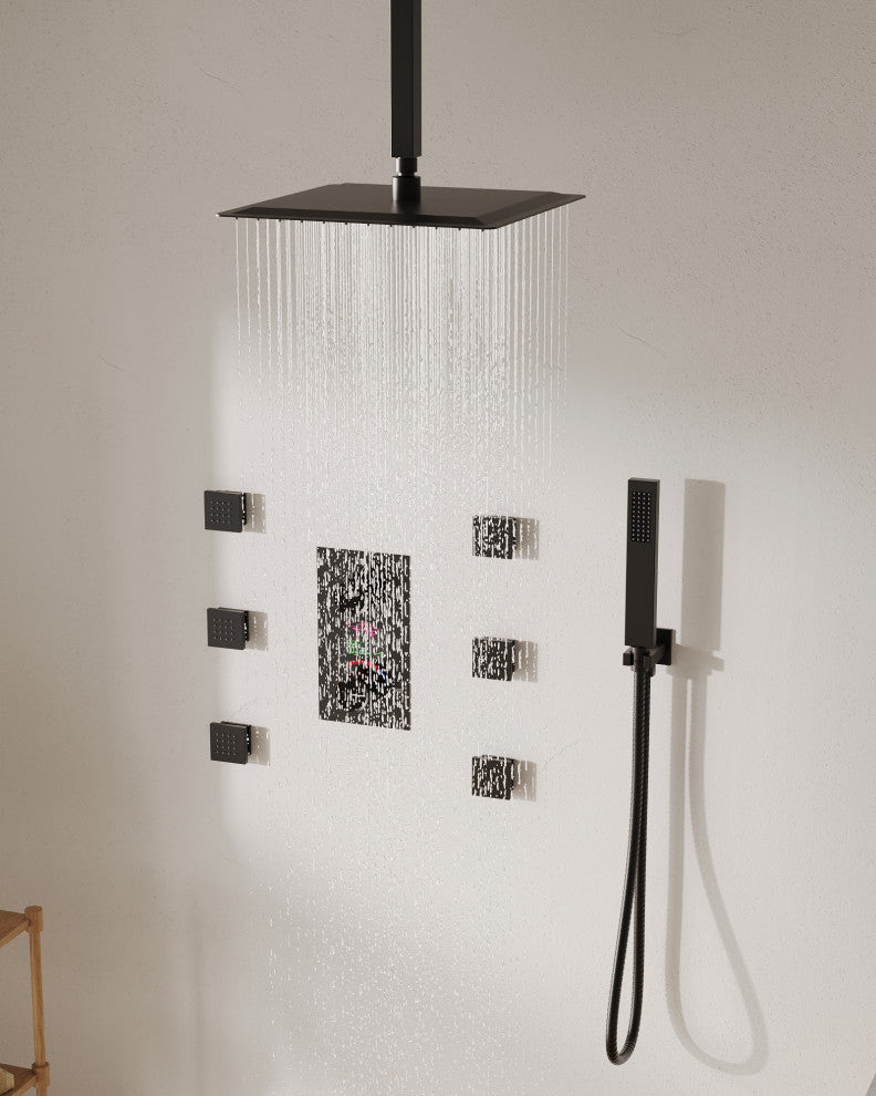 Digital Shower System 12" Rainfall Shower Head With 6 Body Jets, Matte Black