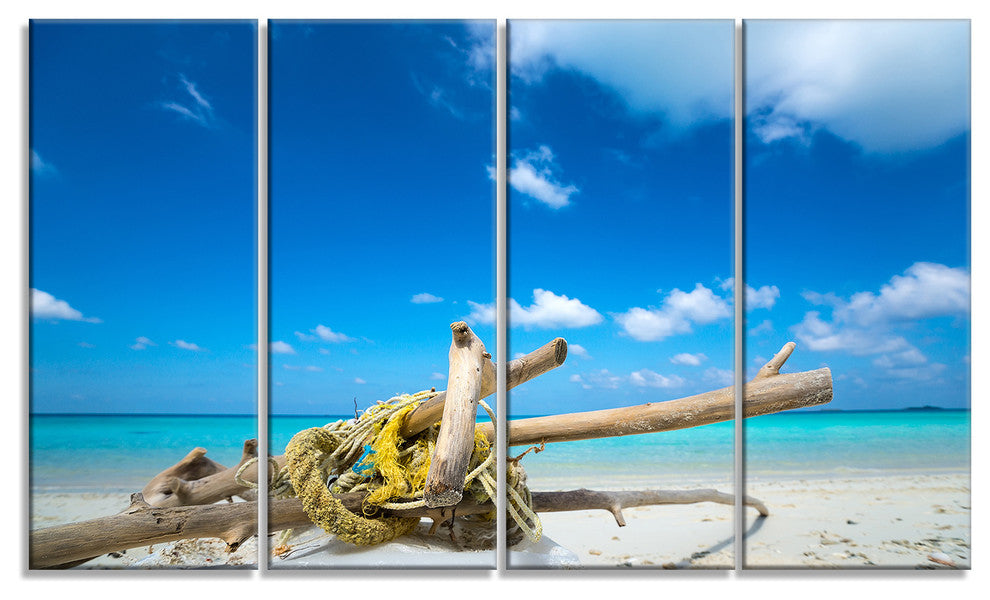 "Deadwood On White Sand Beach" Contemporary Seascape Wall Art, 4 Panels, 48"x28"