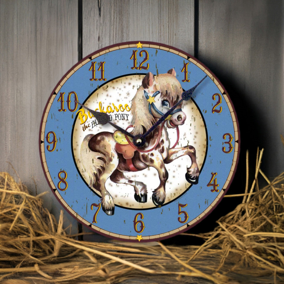 Vintage-Style Painted Pony Retro Western Wall Clock, 12 Inch Diameter