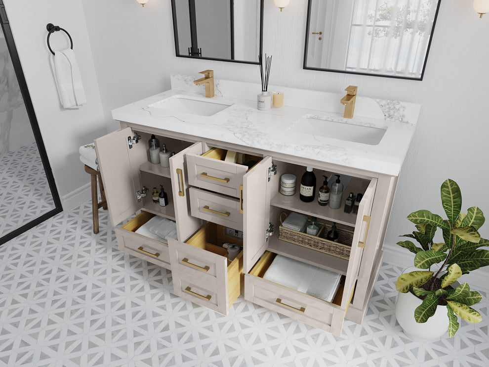Boston 60" Double Bathroom Vanity in Fine Grain 2" Calacatta Laza
