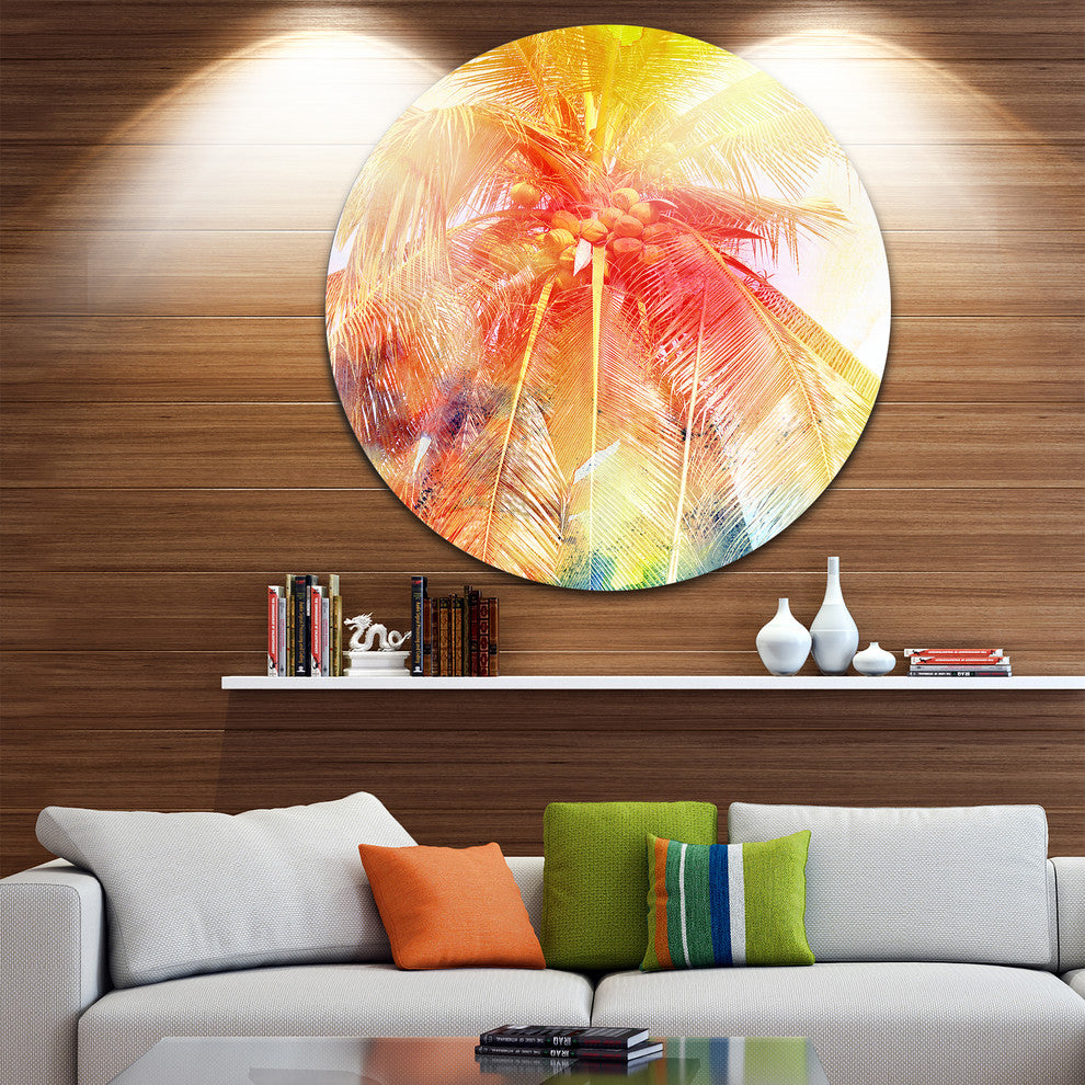 Retro Palm Red Yellow Watercolor, Trees Disc Metal Wall Art, 11"