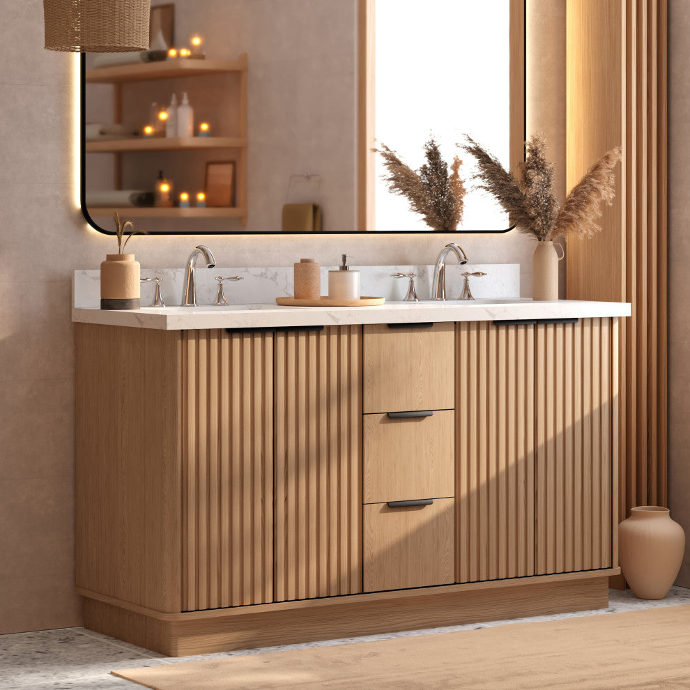 Kathryn Bathroom Vanity, Light Oak, 60", Double Sink, Freestanding