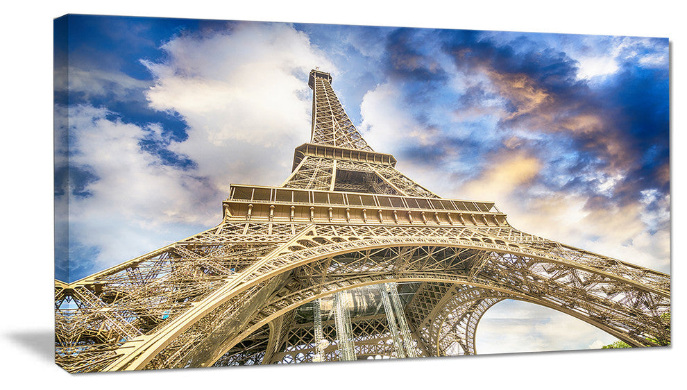 "Dramatic Sky Over Ground View Paris Eiffel Tower" Wall Art, 60"x28", 1 Panel