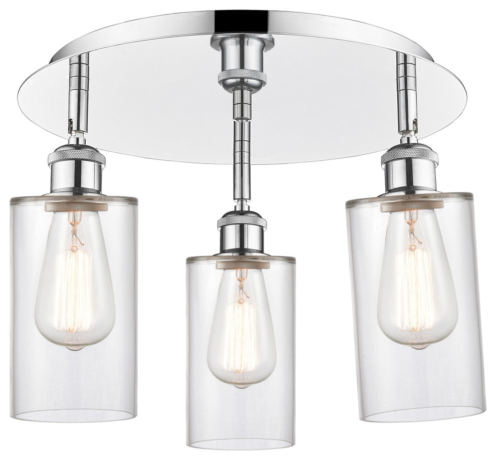 Clymer-3 Light 16" Flush Mount-Polished Chrome, Clear Glass Shade