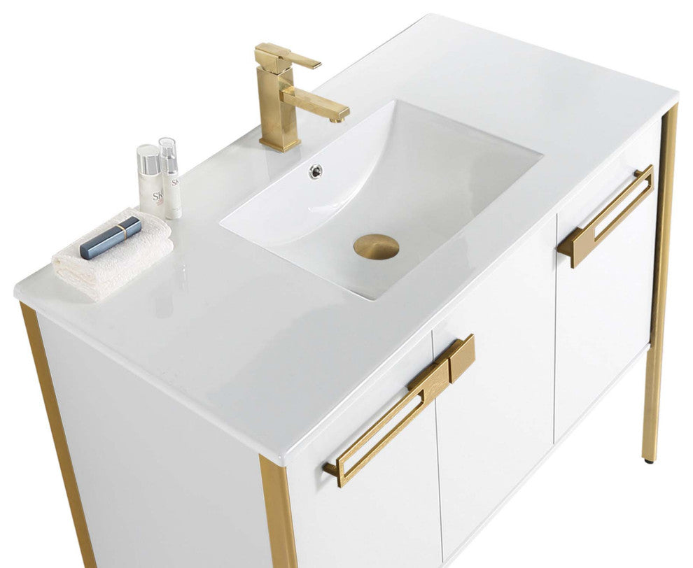Oakville Bath Vanity, Ceramic Sink, White Matte, 42 Inch, Satin Brass Hardware