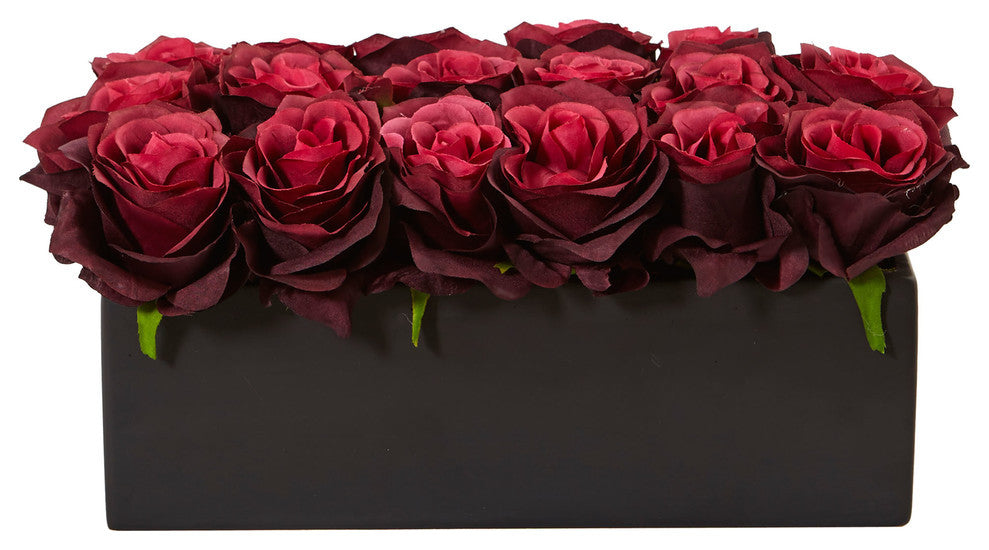 Dozen Silk Roses, Ceramic Rectangular Planter, Bergundy