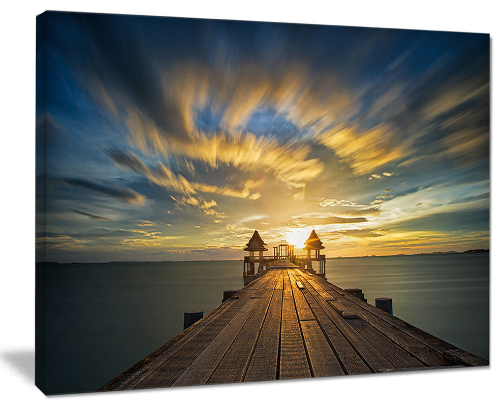 "Wooden Bridge Under Dramatic Sky" Sea Pier and Bridge Wall Art Canvas, 40"x30"