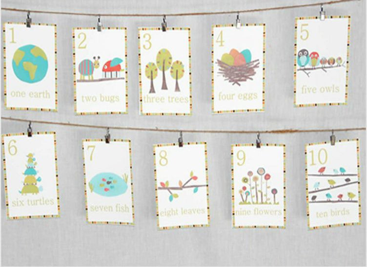 Nature Themed Number, Set of 10 Counting Children's 5x7 Wall Cards