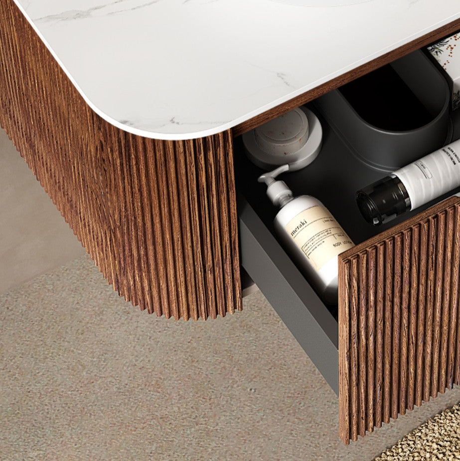 Wall-Mounted Bathroom Vanity With White Round Ceramic Basin, Walnut, 24"