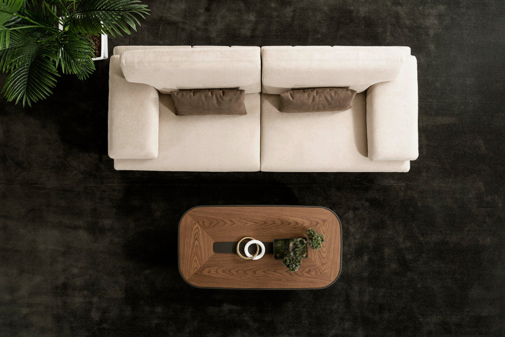 Delano Beige Faux Suede Sofa With Sliding Backrest and Armrest
