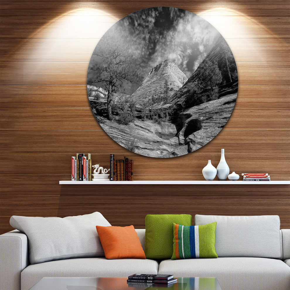 Layers Of Red Rock Gray With Clouds, Landscape Disc Metal Artwork, 36"