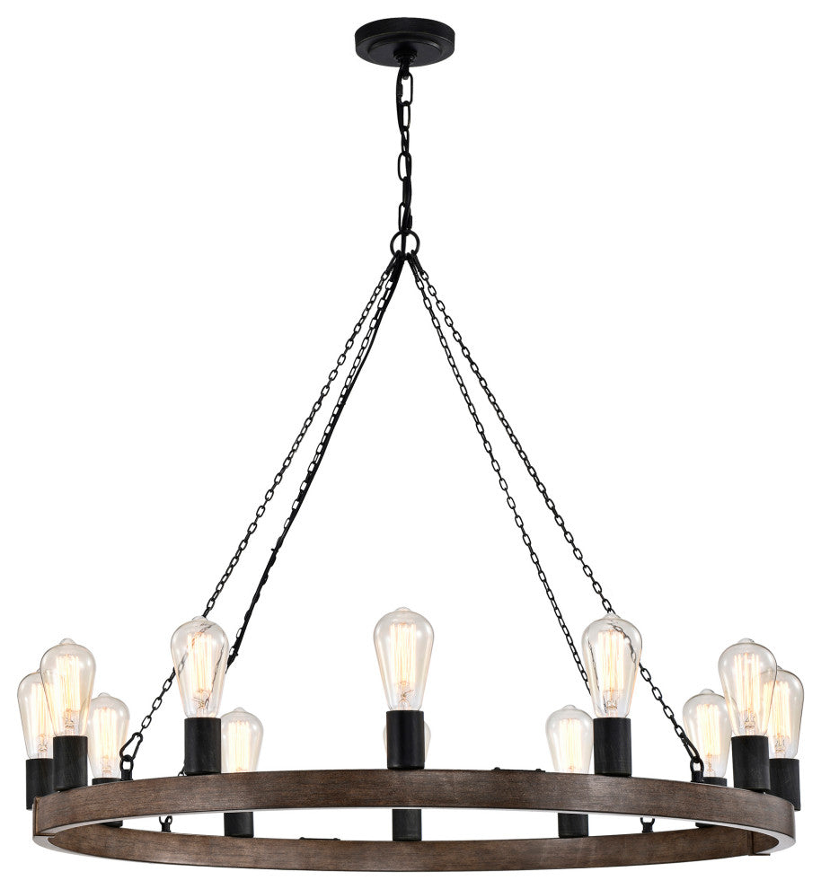 Mia 12-light Faux Wood Metal Chandelier Round Wheel With Black Sleeves