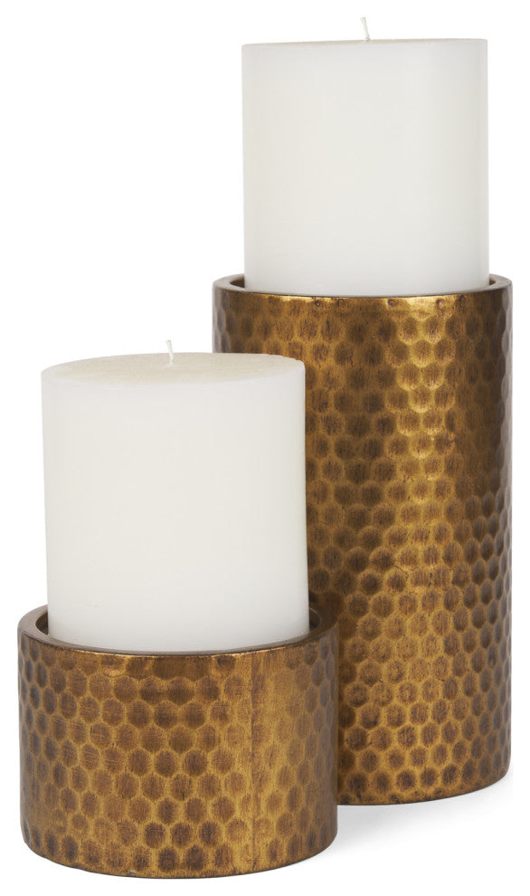 Gage Antiqued Gold Honeycomb Textured Metal Candle Holder, 2-Piece Set