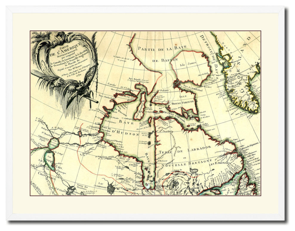 North East Canada & Greenland Old Map Print on Canvas with Frame 28" x 37"