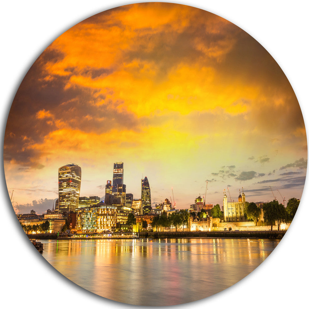 Financial District Of London At Twilight, Cityscape Round Wall Art, 11"