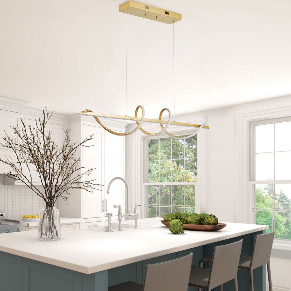 Modern Linear Wave Shape LED Pendant Lighting for Kitchen Island, Gold