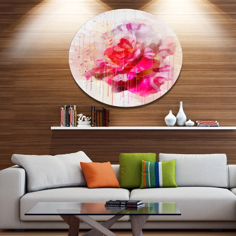 Red Rose With Watercolor Splashes, Floral Round Wall Art, 36"