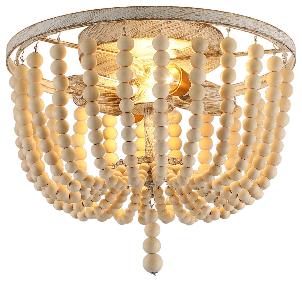 2-Lights Antique Rustic Wood Beaded Flush Mount Light
