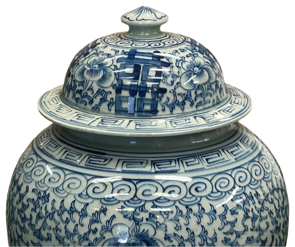 Vintage Blue White Double Happiness Porcelain Temple General Jar Hws4403