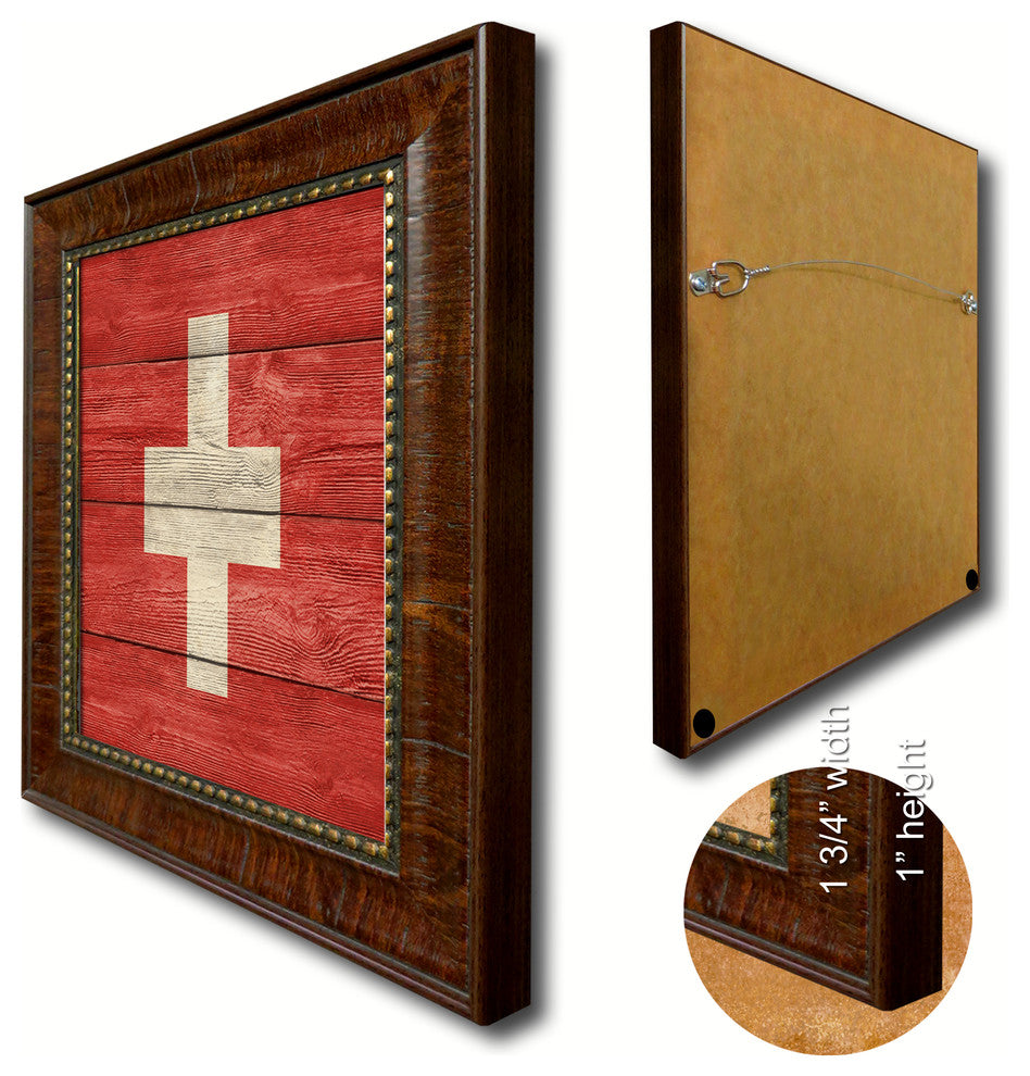 Switzerland Country Textured Flag Print With Brown Gold Frame, 19"X27"
