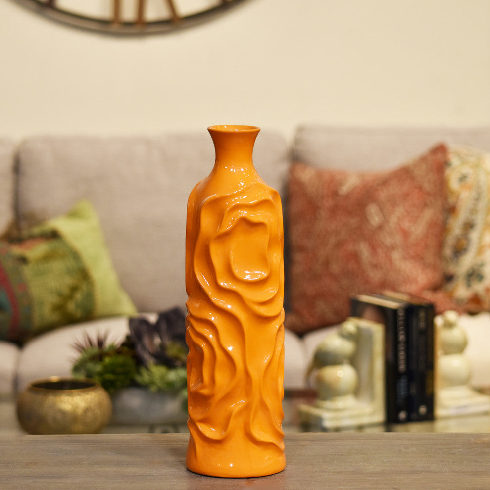 Ceramic Round Cylindrical Vase, Orange, Medium