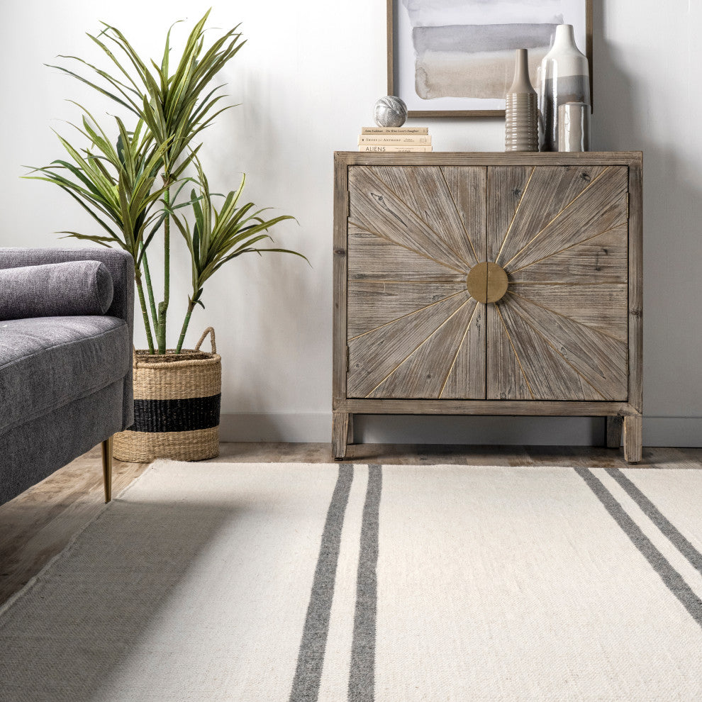 Elowen Double Striped Wool Area Rug, Dark Brown 9'x12'