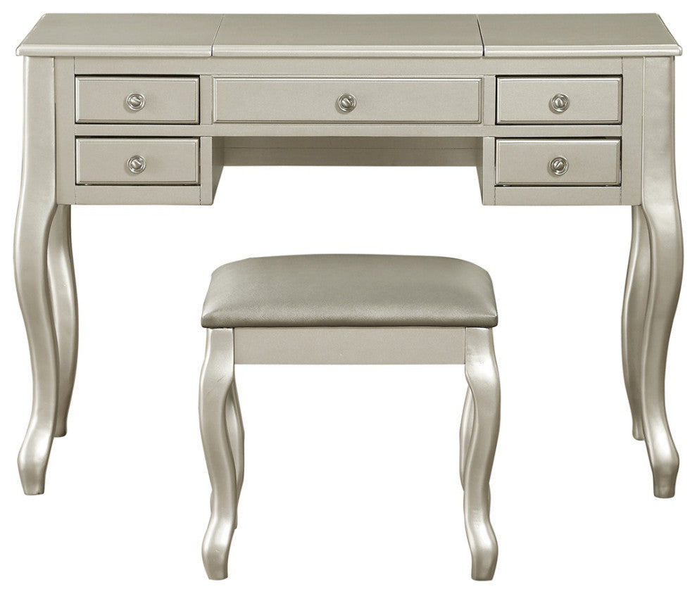 Flip Up Mirror Vanity Set With Stool, Silver