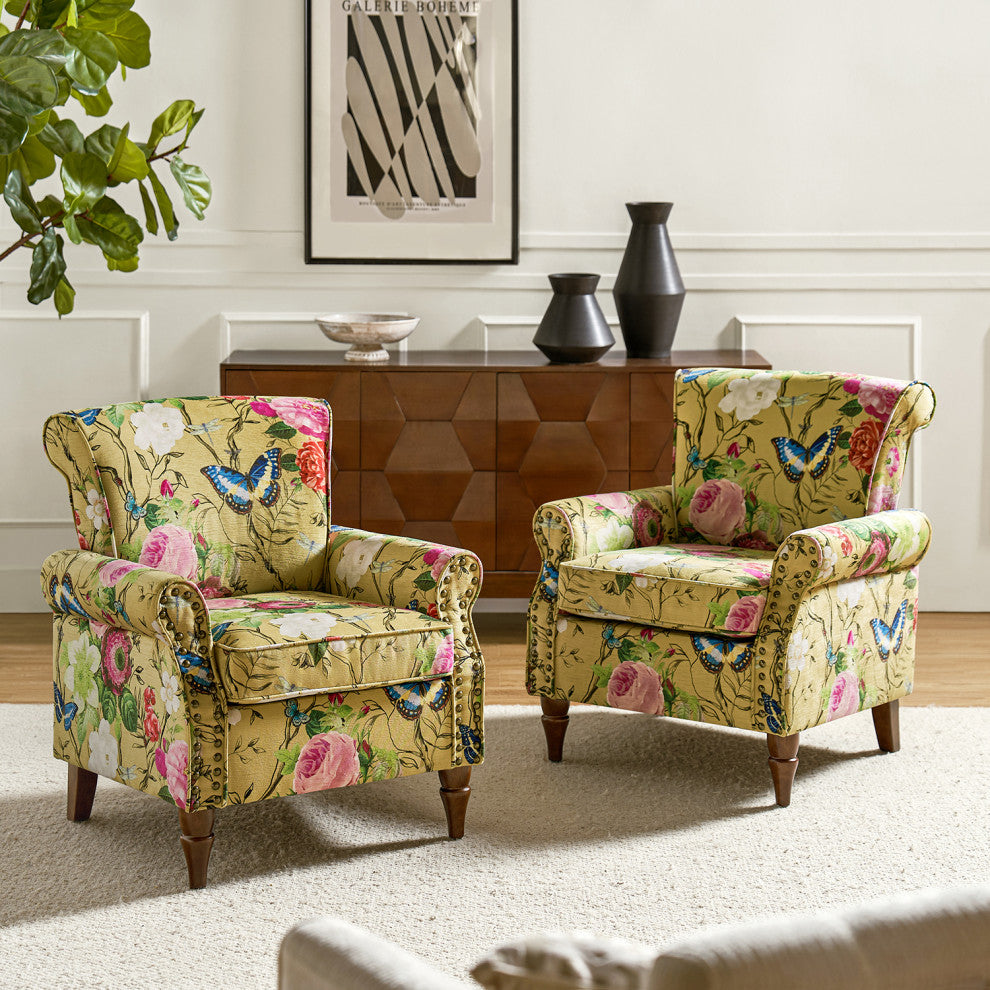 Wooden Upholstered Armchair, Mustard