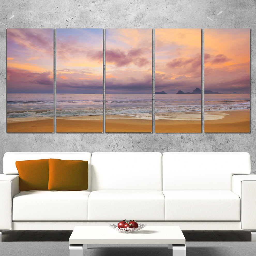 "Bright Morning Over The Sea" Modern Seashore Canvas Art, 5 Panels, 60"x28"