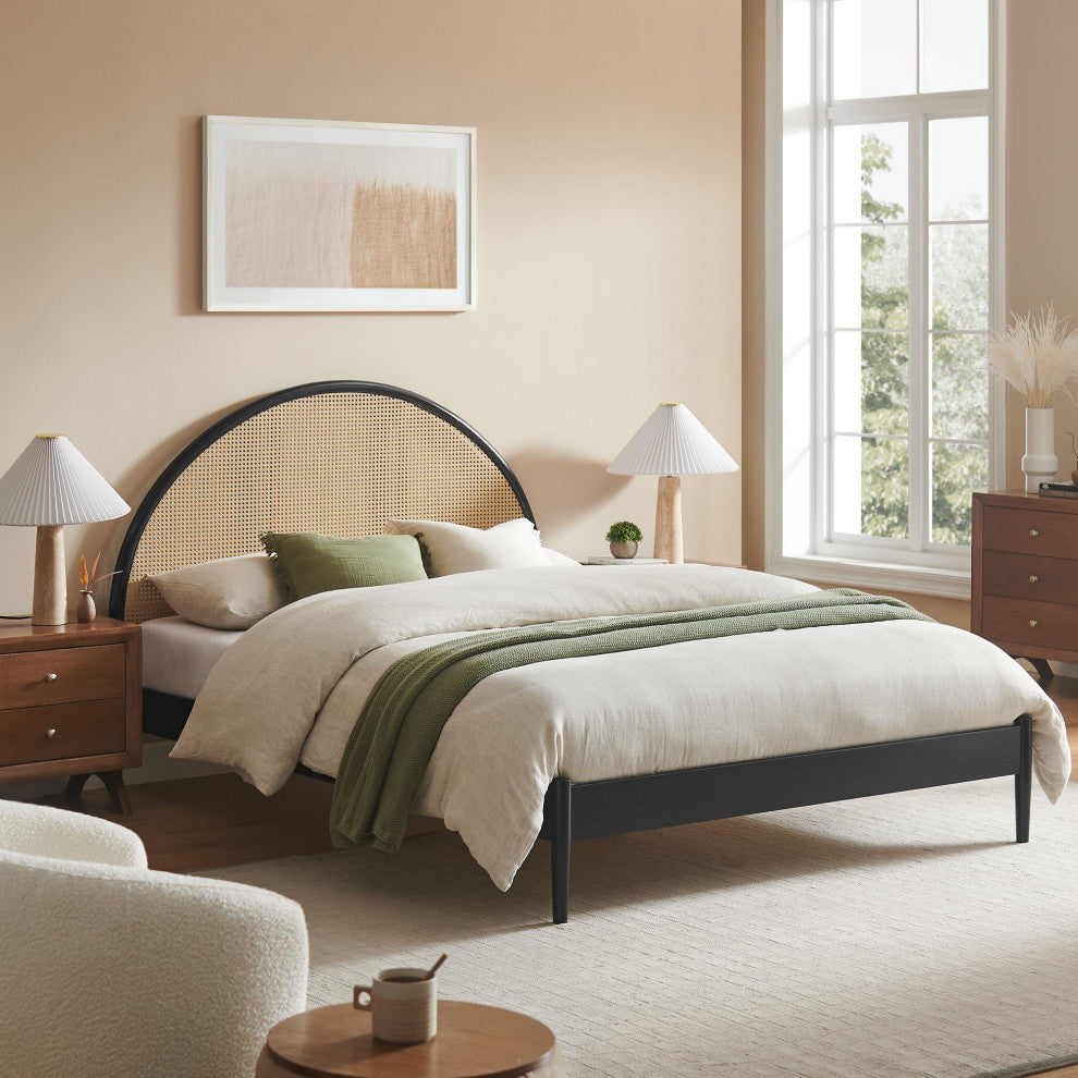 Odette Queen Arched Rattan Cane Platform Bed, Black
