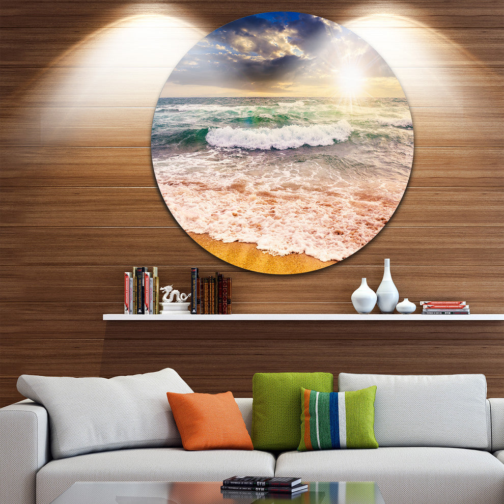 Roaring Sea Waves And Bright Sun, Seashore Round Wall Art, 38"