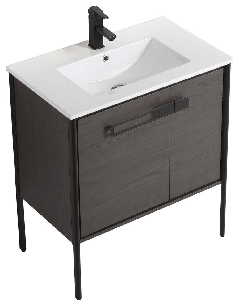 Oakville Bath Vanity, Ceramic Sink, Black Coal Oak, 30 Inch, Black Hardware