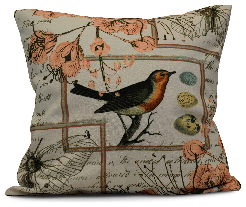 Sweet Tweets, Holiday Floral Print Pillow, Peach, 20"x20"