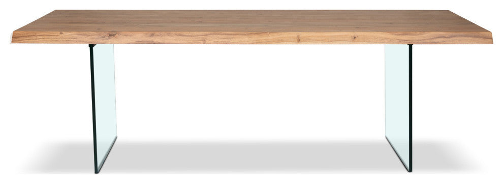 Brooks Dining Table, Glass Base, Teak Top, Clear Glass Base, 40"x79"