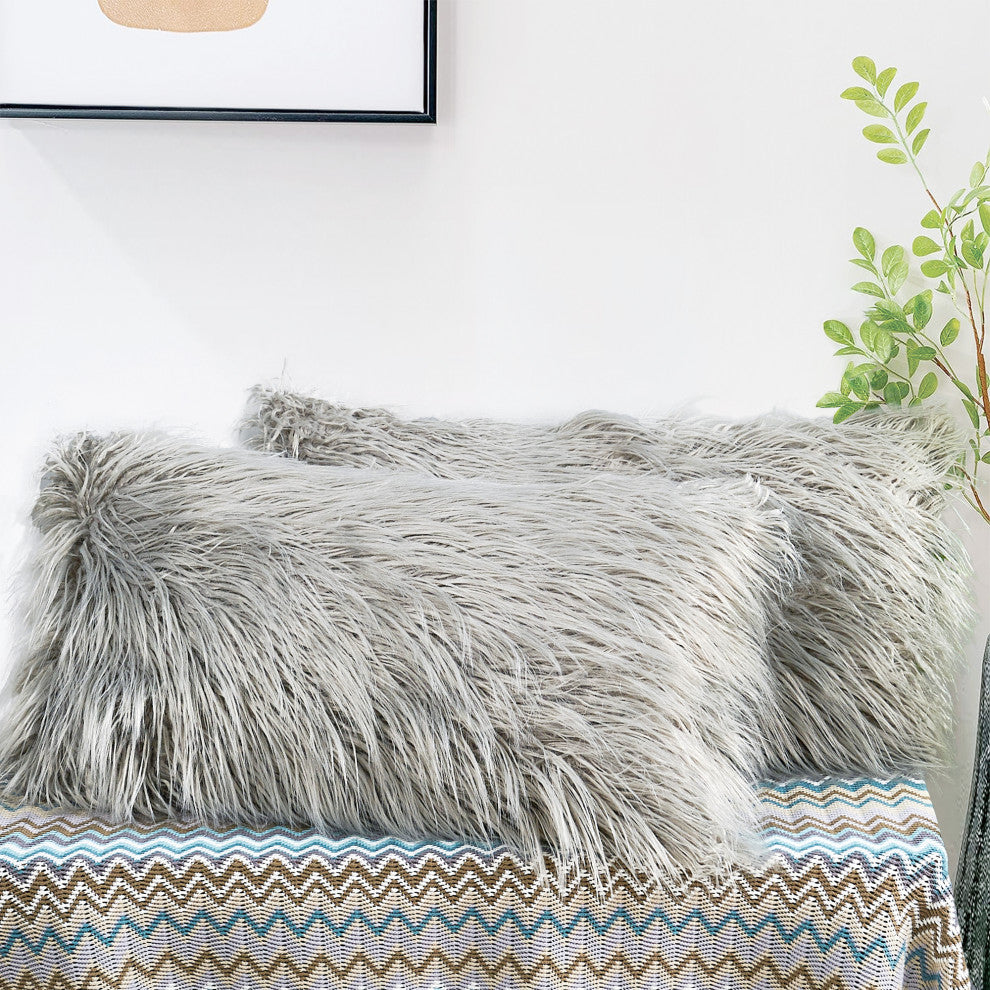 Mongolian Faux Fur Pillow Shell Set, Gray, 14"x26"