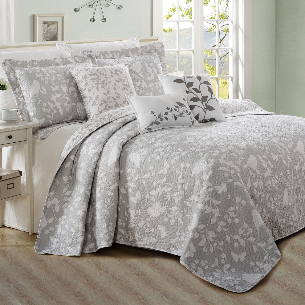Birdsong 6-Piece Bed Spread Set, Gray, Queen, 90"x90"