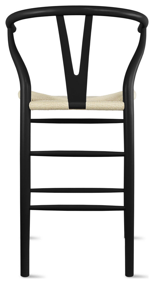 Wishbone Solid Wood Counter Height Bar Stool Y Open Back Weave Seat, Black