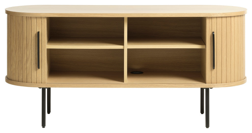 Mid-Century Modern Rounded Sliding Door TV Lowboard, Natural Oak, 47"