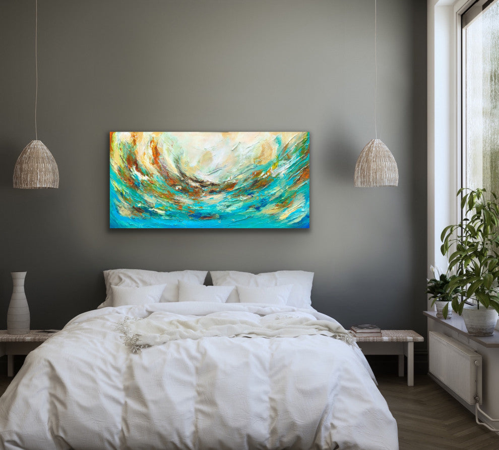 48"x24" The Storm Original Large Modern green teal coastal sea Painting
