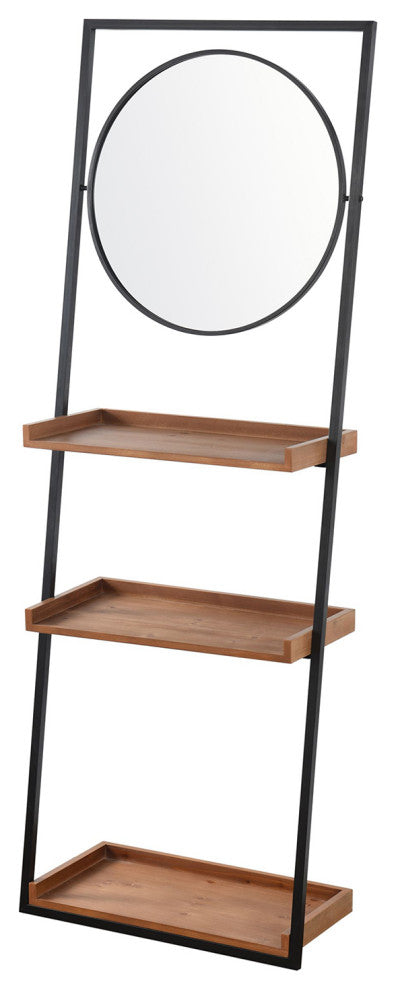 Lena Decorative Standing Shelves Round Mirror Wood Brown Finish